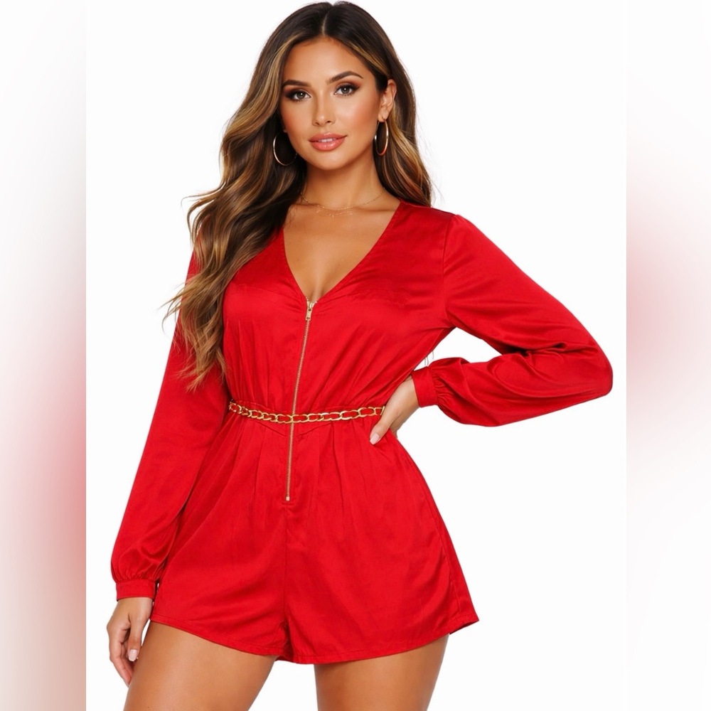 Papaya Red Long Sleeve Romper Large Plunging Vneck Zip Up Gold Chain Belt EUC